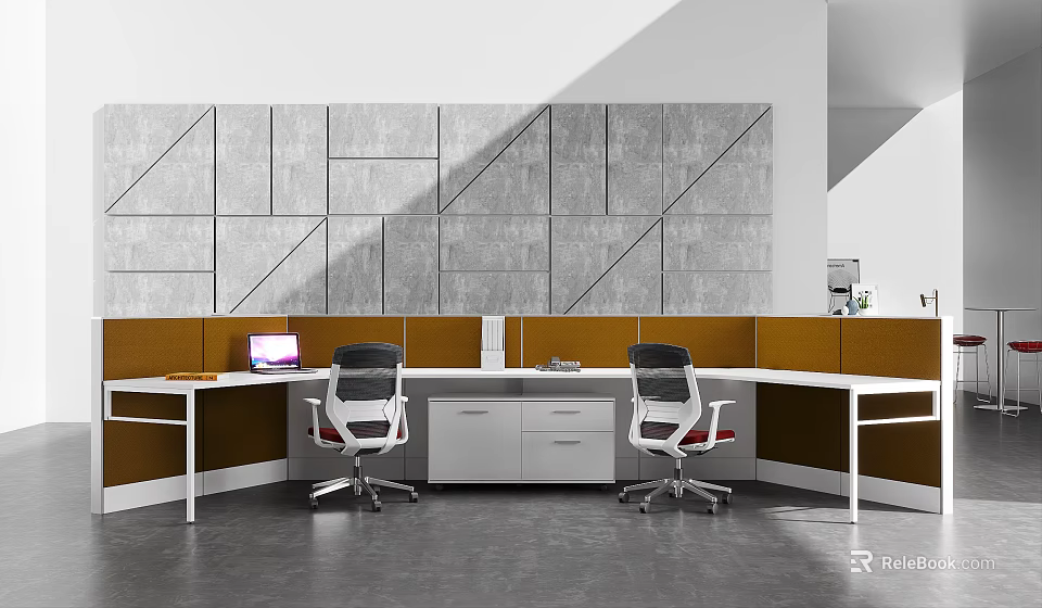 Modern Office Desk with Orange Desktop White Cabinets Ergonomic Chairs and Grey Geometric Wall 3d model 