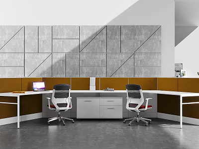 Modern Office Desk with Orange Desktop White Cabinets Ergonomic Chairs and Grey Geometric Wall 3d model