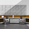 Modern Office Desk with Orange Desktop White Cabinets Ergonomic Chairs and Grey Geometric Wall