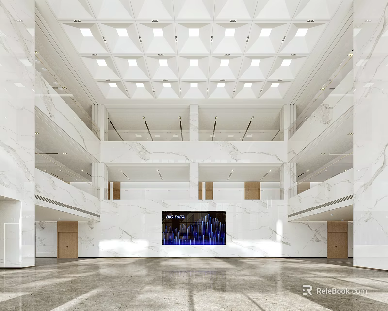 Spacious Modern Service Hall Interior With Marble Walls Ceiling Lights And Digital Screen 3d model 