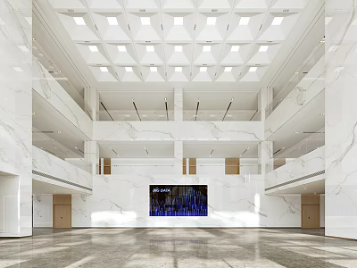 Spacious Modern Service Hall Interior With Marble Walls Ceiling Lights And Digital Screen 3d model