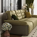 Beige And Green Sofa Set In Elegant Living Room With Arched Window And Herringbone Floor