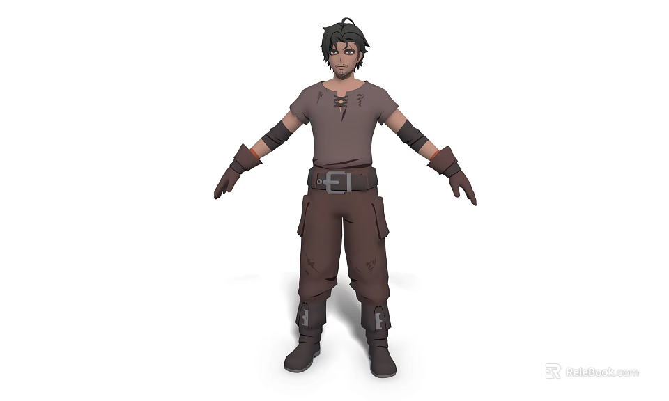3D Male Character And Creature Model With Brown Outfit Black Hair Leather Gloves And Boots 3d model 