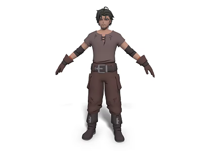 3D Male Character And Creature Model With Brown Outfit Black Hair Leather Gloves And Boots 3d model