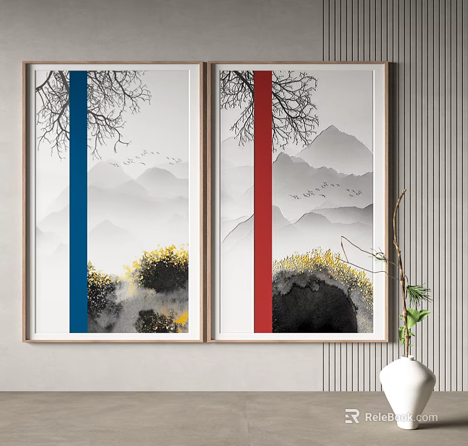 Chinese Landscape Paintings with Mountain Scenes Flying Birds and Decorative Stripes for Indoor Wall Decoration 3d model 