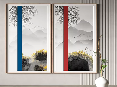 Chinese Landscape Paintings with Mountain Scenes Flying Birds and Decorative Stripes for Indoor Wall Decoration 3d model