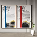 Chinese Landscape Paintings with Mountain Scenes Flying Birds and Decorative Stripes for Indoor Wall Decoration
