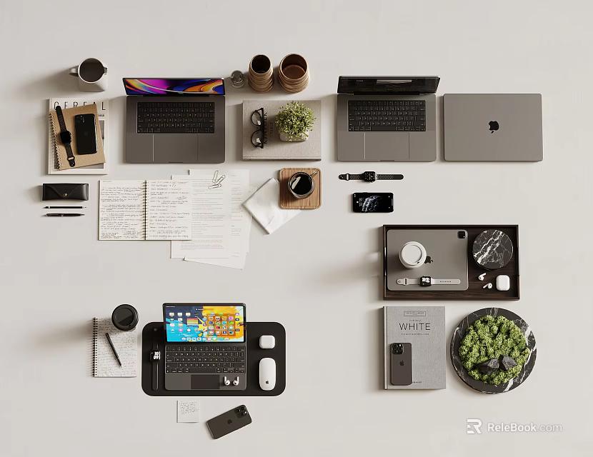 Modern Work From Home Setup With Laptops Tablets And Accessories 3d model 