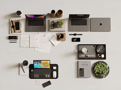 Modern Work From Home Setup With Laptops Tablets And Accessories 3d model