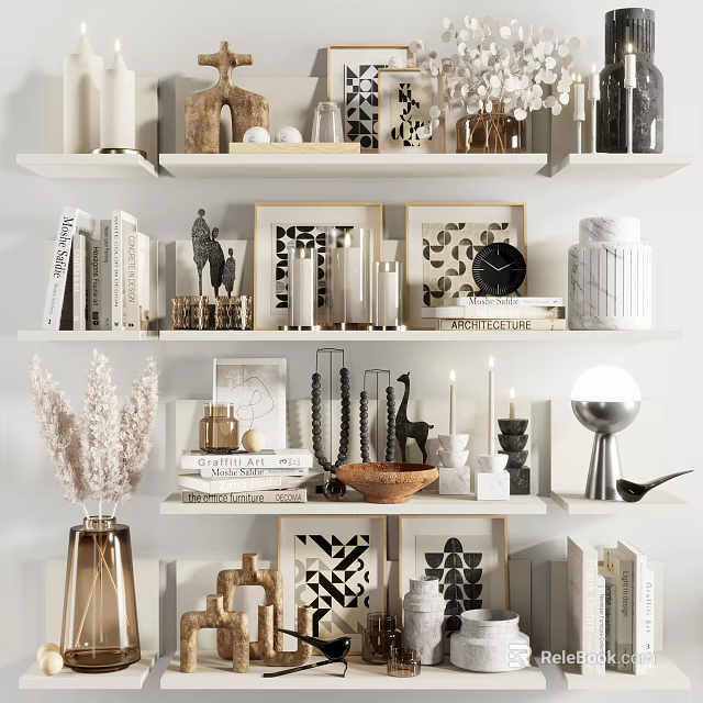 Stylish Decorative Ornament Combinations On White Shelves With Candles Art Frames And Vases 3d model 