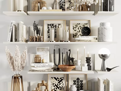 Stylish Decorative Ornament Combinations On White Shelves With Candles Art Frames And Vases 3d model