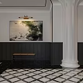 Elegant Restaurant Lobby With Marble Reception Desk Black And White Checkered Floor And White Columns