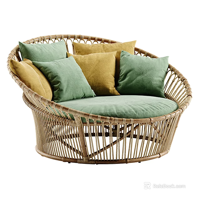Modern Wicker Single Seater Sofa with Round Design and Green Yellow Cushions 3d model 