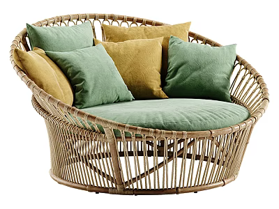 Modern Wicker Single Seater Sofa with Round Design and Green Yellow Cushions 3d model
