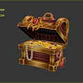 Open Wooden Treasure Chest With Golden Decorations Red Gemstone Gems And Pearl Necklace