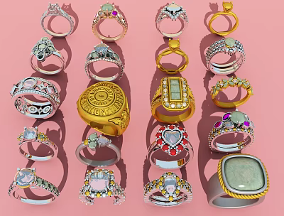Elegant Fashion Rings With Various Gemstones Different Shapes And Decorative Gold Silver Designs 3d model