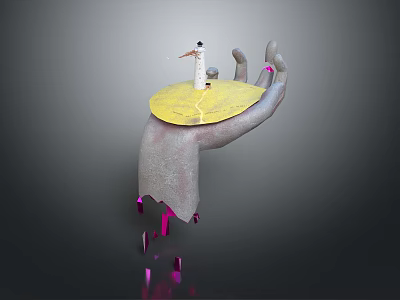 Gray Hand Supporting Yellow Circular Base With White Lighthouse Bird And Falling Pink Fragments 3d model