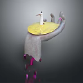 Gray Hand Supporting Yellow Circular Base With White Lighthouse Bird And Falling Pink Fragments