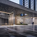 Modern High Rise Buildings Entrance With Paved Ground Trees Lighting And Car