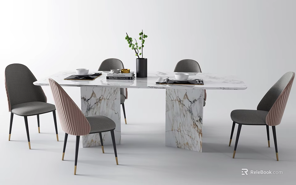 Modern Interior Marble Dining Table Set With Gray And Pink Chairs And Decor 3d model