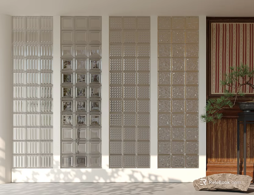 Glass Block Wall With Varied Patterns In Modern Space 3d model