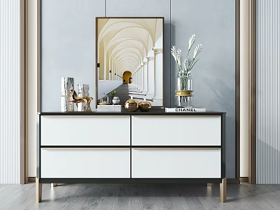 Modern Entryway Cabinet Sideboard With White Black Finish Metal Legs Vase And Mirror 3d model
