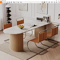 Elegant Dining Table Set with Marble Top Wooden Striped Legs and Orange Upholstered Metal Chairs