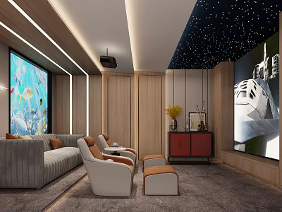 Modern Home Theater Interior With Large Screen Wooden Walls Starry Ceiling And Cozy Seating 3d model