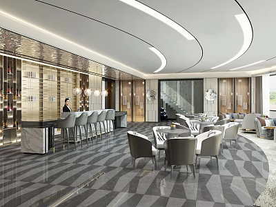 Elegant Modern Hotel Public Lounge With Marble Bar And Comfortable Seating 3d model
