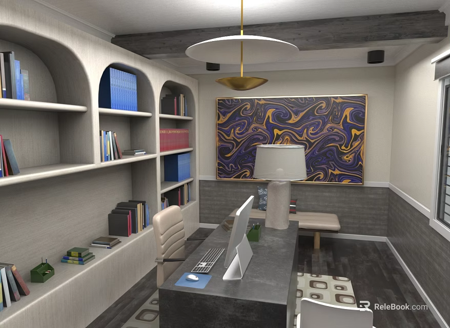 Modern Office Interior With White Curved Bookshelves Dark Desk Computer Lamp And Colorful Decorative Painting 3d model 