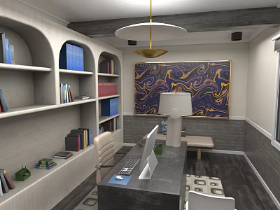 Modern Office Interior With White Curved Bookshelves Dark Desk Computer Lamp And Colorful Decorative Painting 3d model