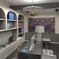 Modern Office Interior With White Curved Bookshelves Dark Desk Computer Lamp And Colorful Decorative Painting