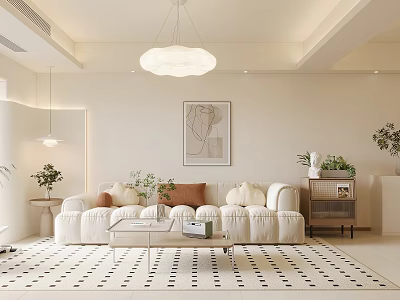 Modern Living Dining Room Interior With White Sofa Geometric Rug Artwork And Green Plants 3d model