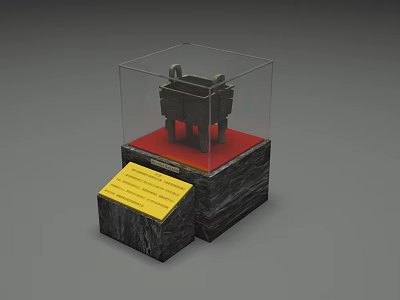 Black Sculpture Display In Transparent Case With Red Base And Yellow Plaque 3d model