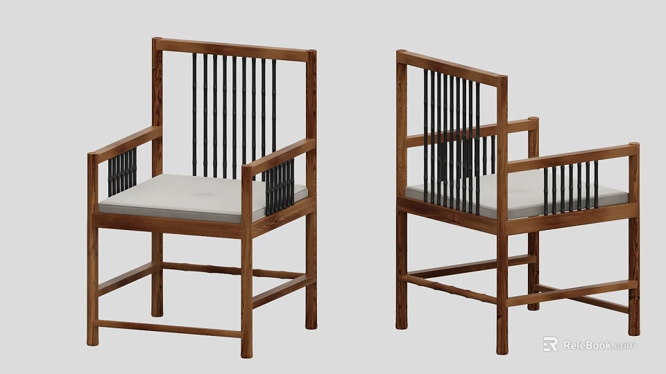 Modern Minimalist Wooden Armchair with Vertical Slat Back and Light Cushion 3d model 