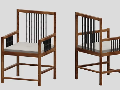 Modern Minimalist Wooden Armchair with Vertical Slat Back and Light Cushion 3d model