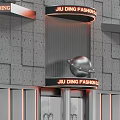Modern Storefront Facade Design With Gray Concrete Panels Colorful Stripes Neon Sign And Glass Doors