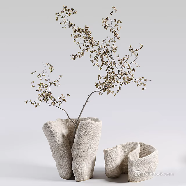 Crumpled Knitted Fabric Vases With Dried Branches And Small Leaves For Minimalist Home Decor 3d model 