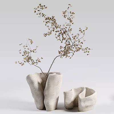 Crumpled Knitted Fabric Vases With Dried Branches And Small Leaves For Minimalist Home Decor 3d model