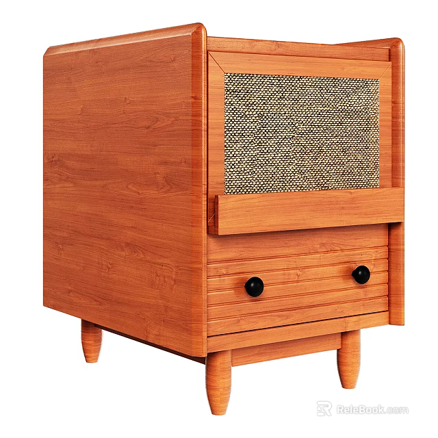 Wooden Bedside Table With Drawer Black Knobs And Mesh Panel Design For Bedroom 3d model 