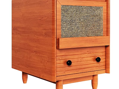 Wooden Bedside Table With Drawer Black Knobs And Mesh Panel Design For Bedroom 3d model