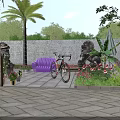 Bicycle Parked In Garden With Stone Wall Palm Tree And Purple Sofa