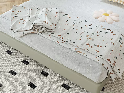 Colorful Speckled Bed Runner On Bedroom Bed With Decorative White Flower 3d model
