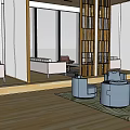 Modern Leisure Area Interior With Blue Sofa Wooden Partitions And Hanging Lights