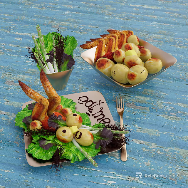 Delicious Assorted Food Platter With Small Potatoes Toasted Bread Fresh Lettuce And Decorative Greens 3d model 