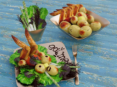 Delicious Assorted Food Platter With Small Potatoes Toasted Bread Fresh Lettuce And Decorative Greens 3d model