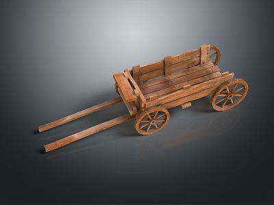 Antique Wooden Wagon Featuring Wooden Seat Spoked Wheels And Long Shafts 3d model