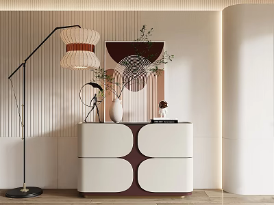 Modern Entryway Console Cabinet Sideboard Geometric Design White Brown With Floor Lamp Decorative Painting Vase 3d model