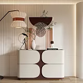 Modern Entryway Console Cabinet Sideboard Geometric Design White Brown With Floor Lamp Decorative Painting Vase