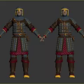 Two Armored Medieval Warrior Figures In Blue Red Armor With Golden Helmet And Ornate Belts